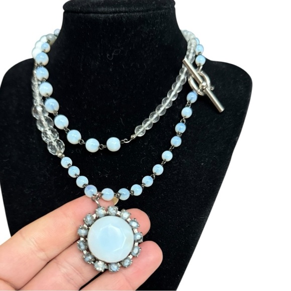 Faceted Opalite & Crystal Boho Bead Necklace with Pendant 18” Toggle Clasp - Picture 7 of 8
